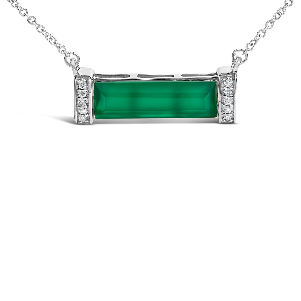 Sterling Silver Diamond Accent and Green Agate Bar Pendant Necklace