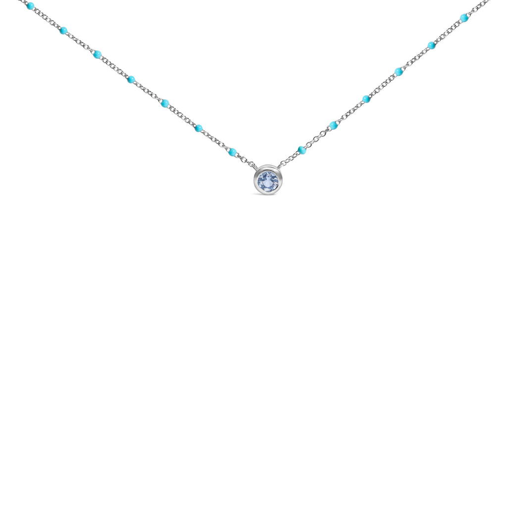 Sterling Silver Bezel Set Light Blue Aquamarine and Enamel Bead Chain Necklace