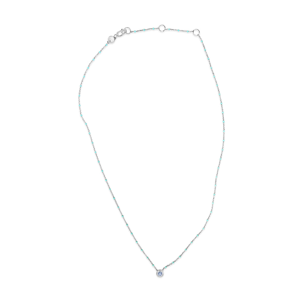 Sterling Silver Bezel Set Light Blue Aquamarine and Enamel Bead Chain Necklace