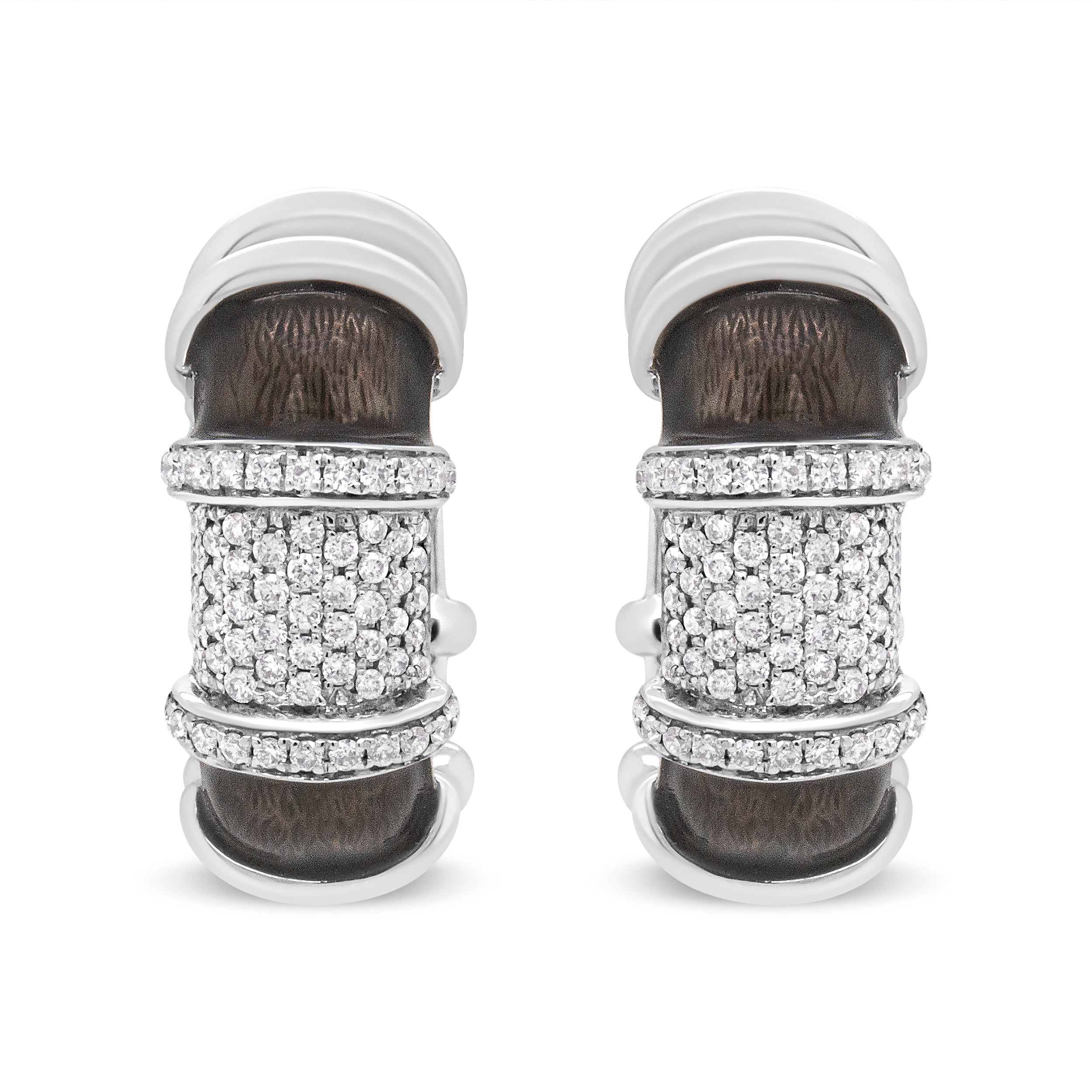 18K White Gold Flash Plated .925 Sterling Silver Clear Graphite Grey Enamel 5/8 Cttw Round Diamonds Huggie Hoop Earrings (F-G Color, VS1-VS2 Clarity)