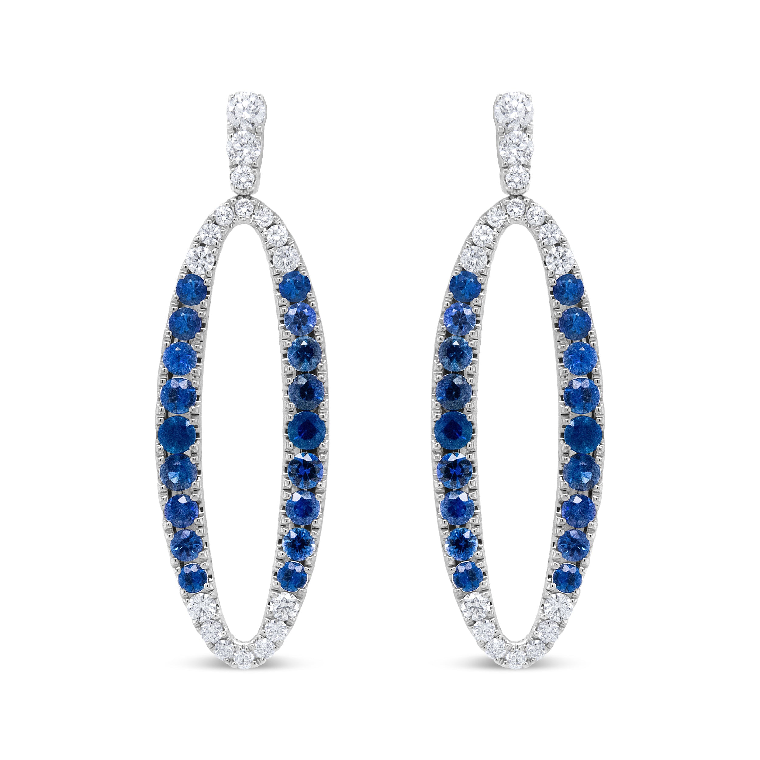 18K White Gold 1.11 Cttw Blue Round Diamond and Blue Sapphire Openwork Oval Shaped Dangle Earrings (F-G Color, VS1-VS2 Clarity)