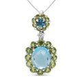 18k White Gold 0.05 Cttw Round Diamond and Blue Topaz and Green Peridot Gemstone Halo Drop 18" Pendant Necklace (F-G Color, VS1-VS2 Clarity)