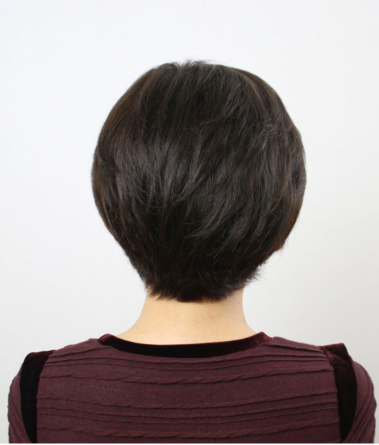 Women's Short Straight Real Human Hair Wig | Sheath Middle-Aged & Elderly Mother Style Full Head Wig with Oblique Bangs (Natural Look, Volume & Gray Coverage)
