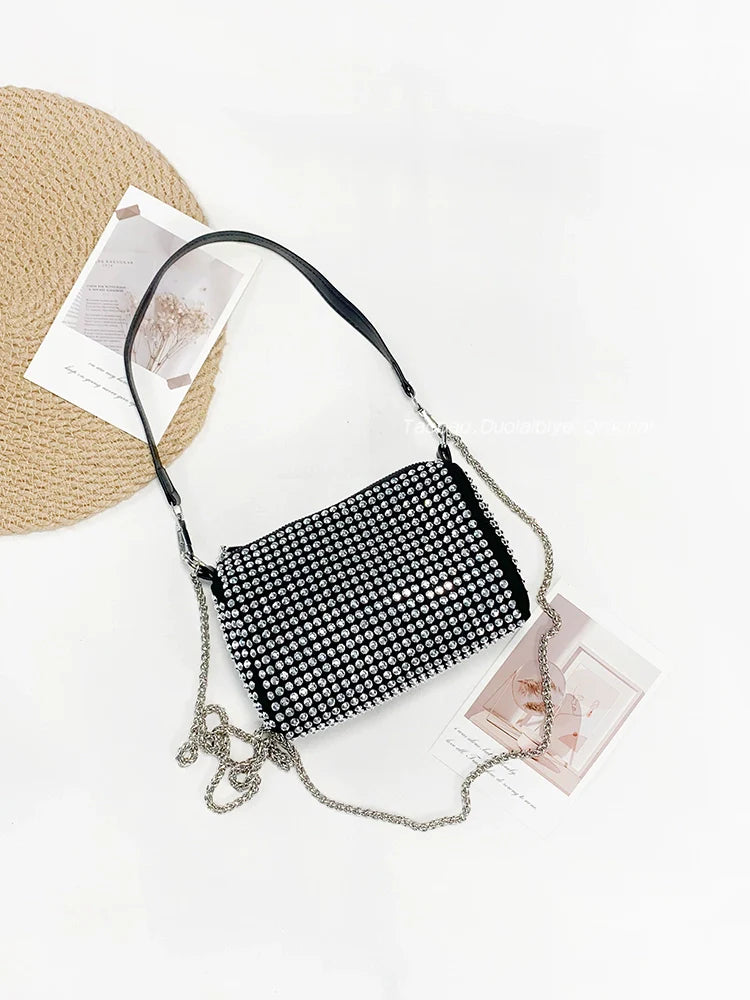 New Arrival Trendy Rhinestone Small Square Bag | Full Diamond Underarm Bag & Women's Chain Shoulder Crossbody Small Handbag (Japanese & Korean Style)