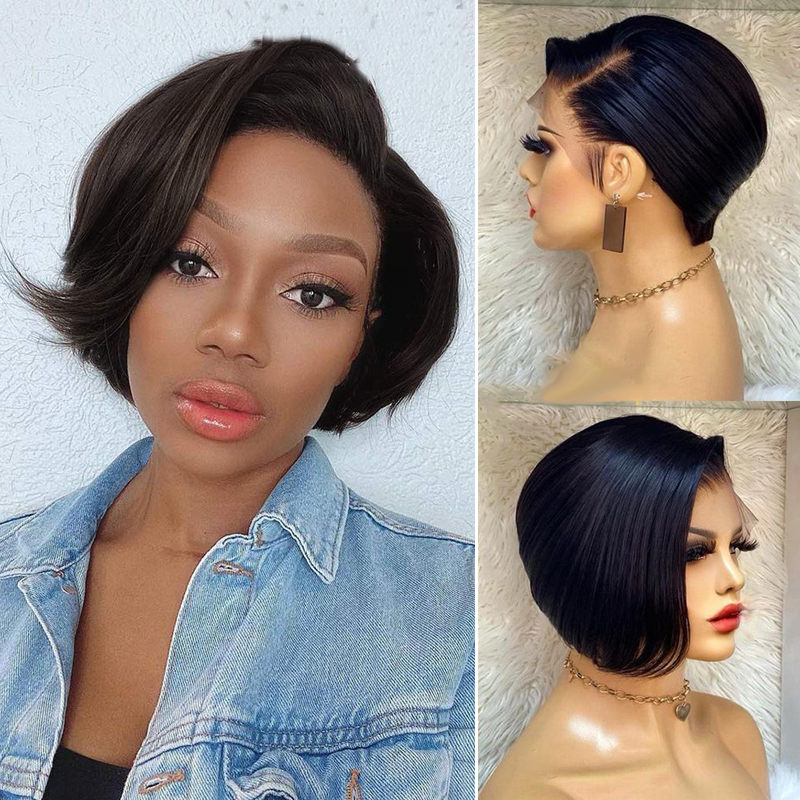 Transparent Lace Front Short Human Hair Bob Wig | Real Human Hair Bobo Headgear for Women (Business/OL Style)