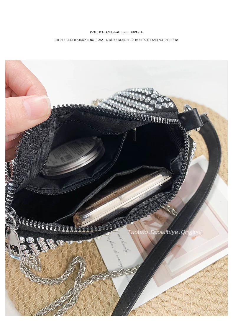 New Arrival Trendy Rhinestone Small Square Bag | Full Diamond Underarm Bag & Women's Chain Shoulder Crossbody Small Handbag (Japanese & Korean Style)