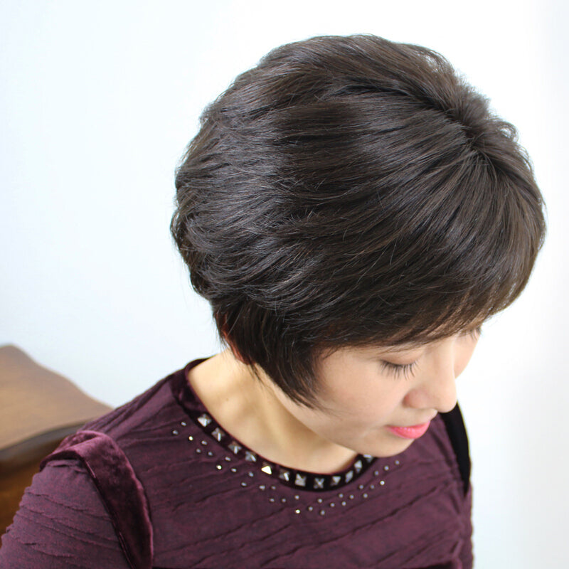 Women's Short Straight Real Human Hair Wig | Sheath Middle-Aged & Elderly Mother Style Full Head Wig with Oblique Bangs (Natural Look, Volume & Gray Coverage)