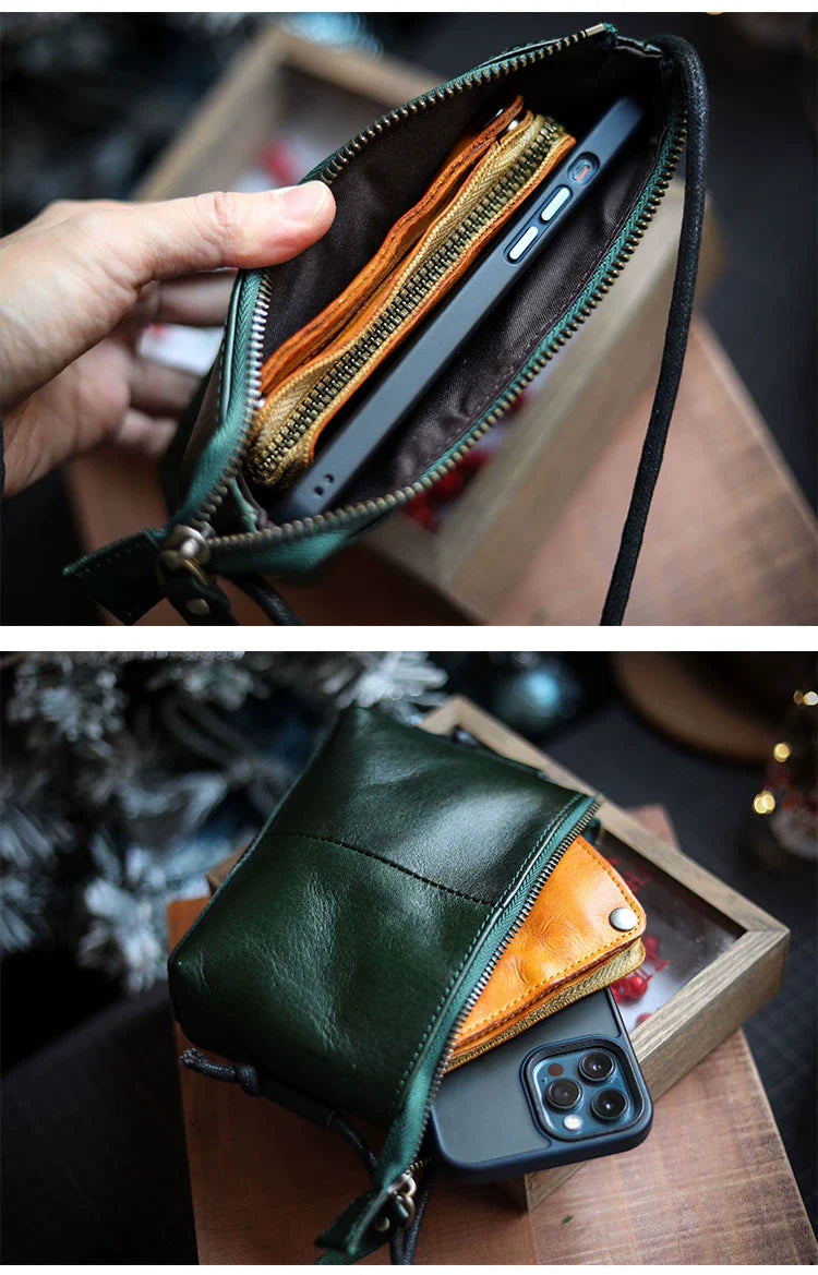 Genuine Leather Retro Portable Phone Bag | New Top Layer Cowhide Crossbody for Women (Pure Color)