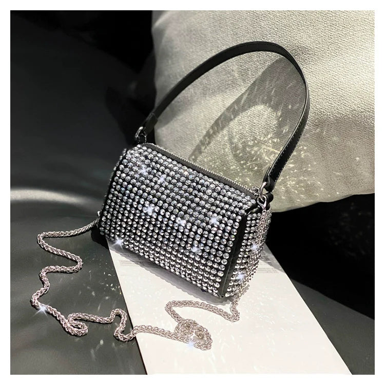 New Arrival Trendy Rhinestone Small Square Bag | Full Diamond Underarm Bag & Diamond-Embedded Women's Shoulder Crossbody Small Handbag