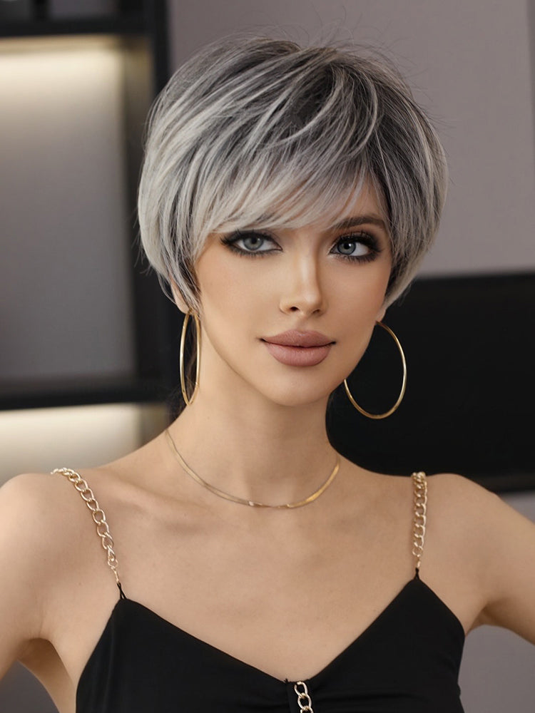 European & American Short Platinum Highlight Black Wig | Full Head Cover Artificial Human Hair Wig for Women (Natural Hairstyle with Oblique Bangs)
