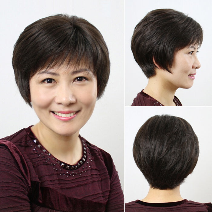 Women's Short Straight Real Human Hair Wig | Sheath Middle-Aged & Elderly Mother Style Full Head Wig with Oblique Bangs (Natural Look, Volume & Gray Coverage)