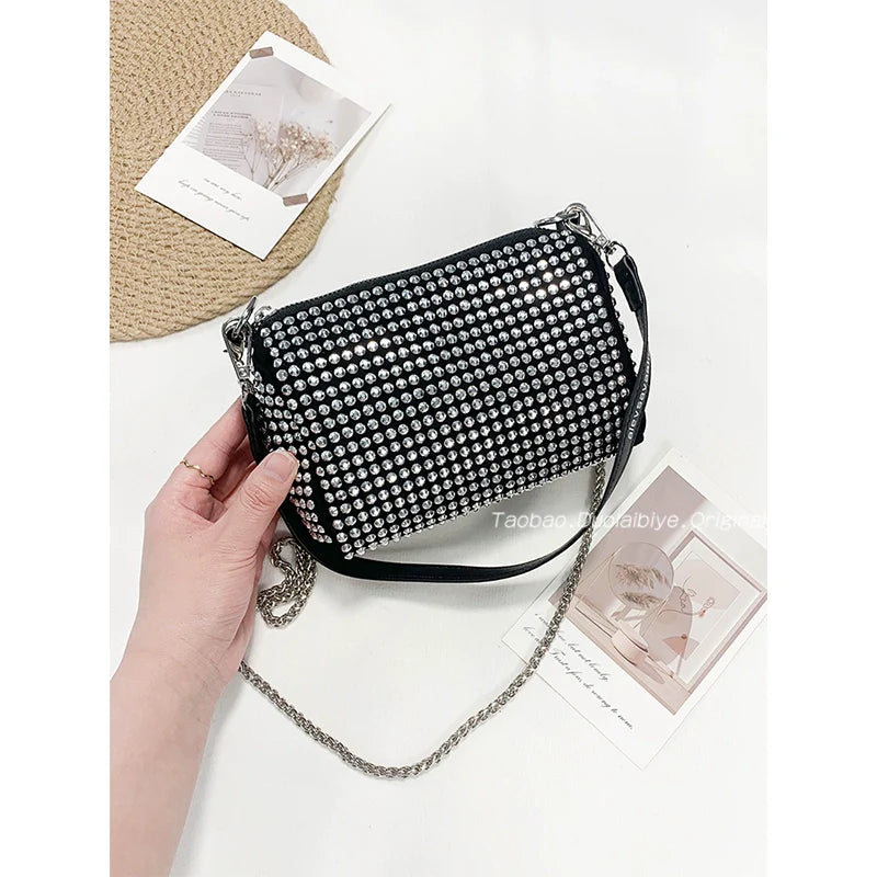 New Arrival Trendy Rhinestone Small Square Bag | Full Diamond Underarm Bag & Women's Chain Shoulder Crossbody Small Handbag (Japanese & Korean Style)