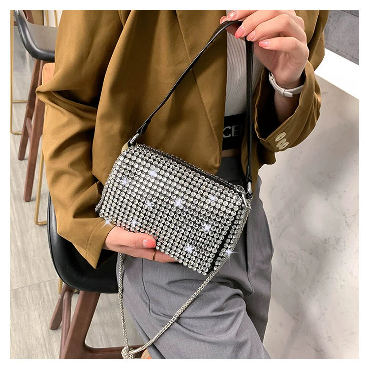 New Arrival Trendy Rhinestone Small Square Bag | Full Diamond Underarm Bag & Diamond-Embedded Women's Shoulder Crossbody Small Handbag