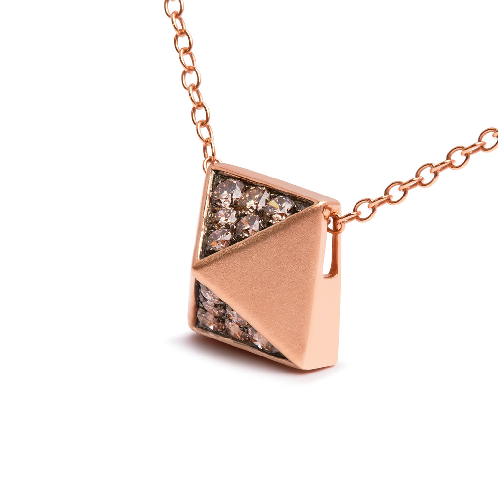 14K Rose Gold 1/4 Cttw Brown Diamond Matte Finished Pyramid Pendant Necklace (Brown Color, SI1-SI2 Clarity) - 18" Inches