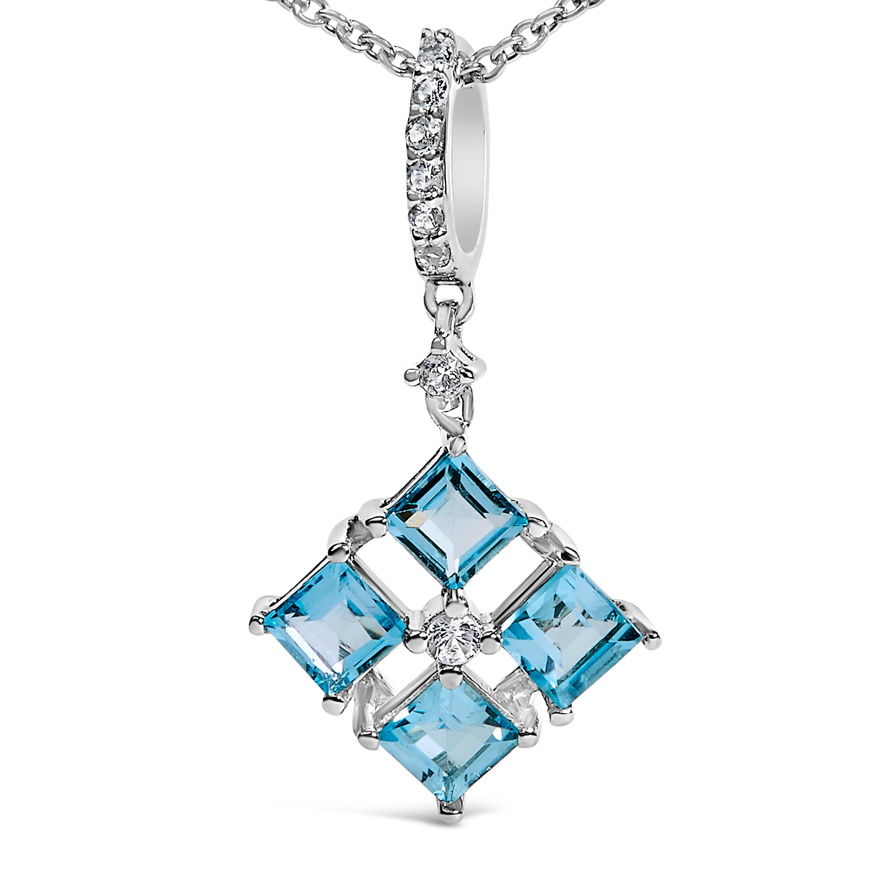 Sterling Silver Blue Topaz and White Sapphire Square Motif Pendant Necklace 18 Inch