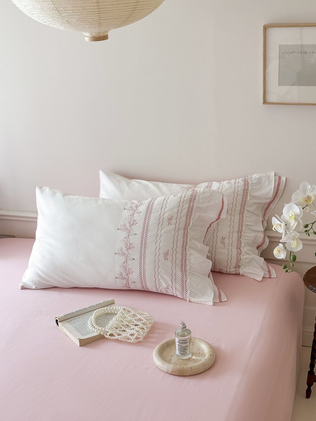 Embroidered French Lace Ruffle Bedding Set / Pink