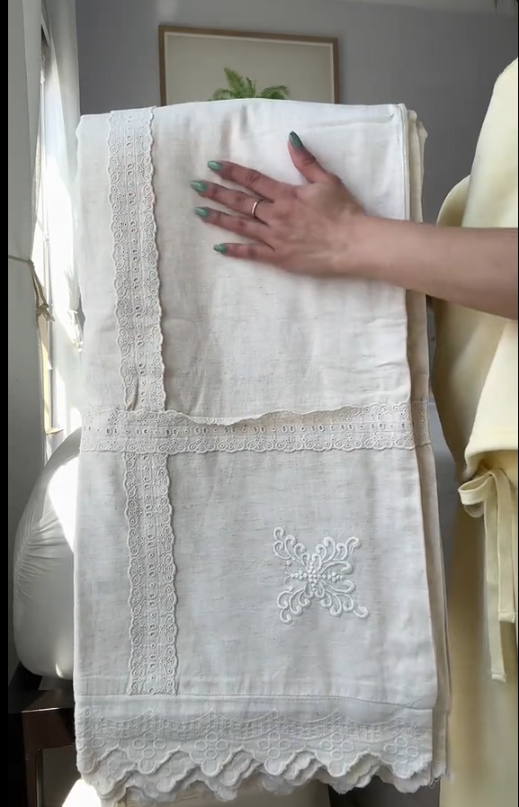 Esme French Linen Cotton Embroidered Floral Bedding Set / White