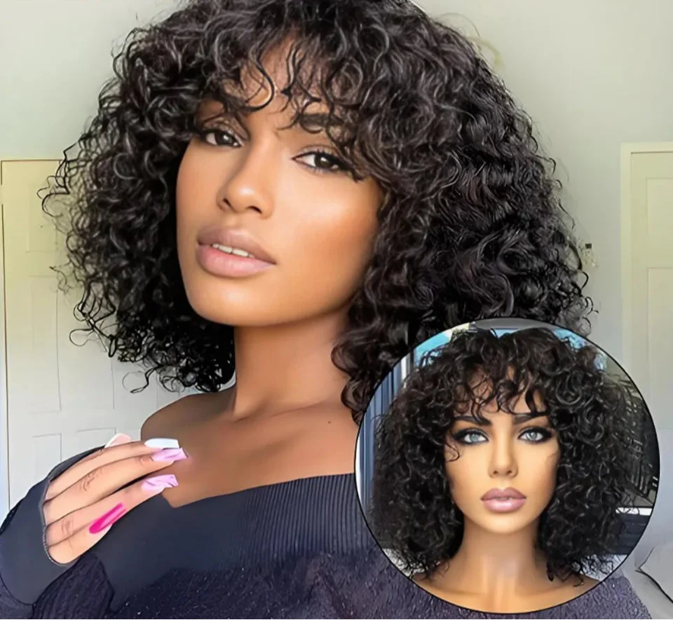 Highlight Honey Blonde Jerry Curly Pixie Bob Wig with Bangs | Full Machine Made Human Hair