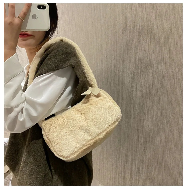 Simple Design Women's Soft Plush Hobo Shoulder Bag | Winter Furry Ladies Clutch Purse & Handbag (Fashion Female Underarm Bag)