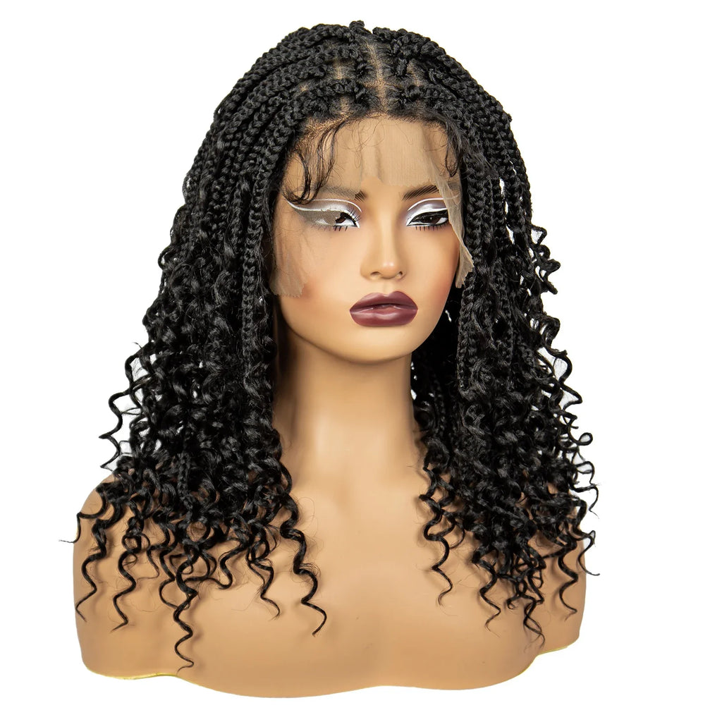 Short Boho Knotless Braids Bob Wig with Curly Ends | Full Lace