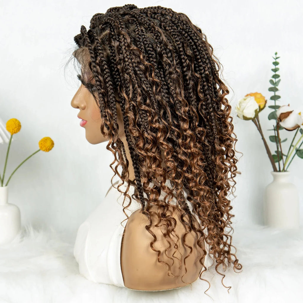 Short Bohemian Box Braids Wig | Full Lace | Curly Ends | Baby Hair | Synthetic Boho Wig