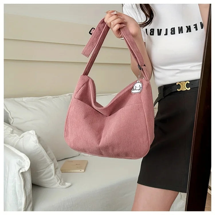Women's Corduroy Shoulder Bag | Casual Striped Large Capacity Tote with Zipper (Cute Hat Patch, Everyday Use)