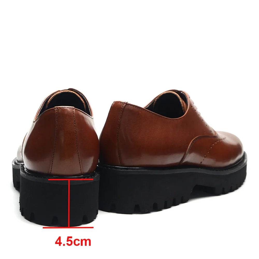 Luxury Men's Genuine Leather Platform Oxfords | Lightweight Black Sole Lace-Up Business & Casual Dress Shoes (Height Increasing)