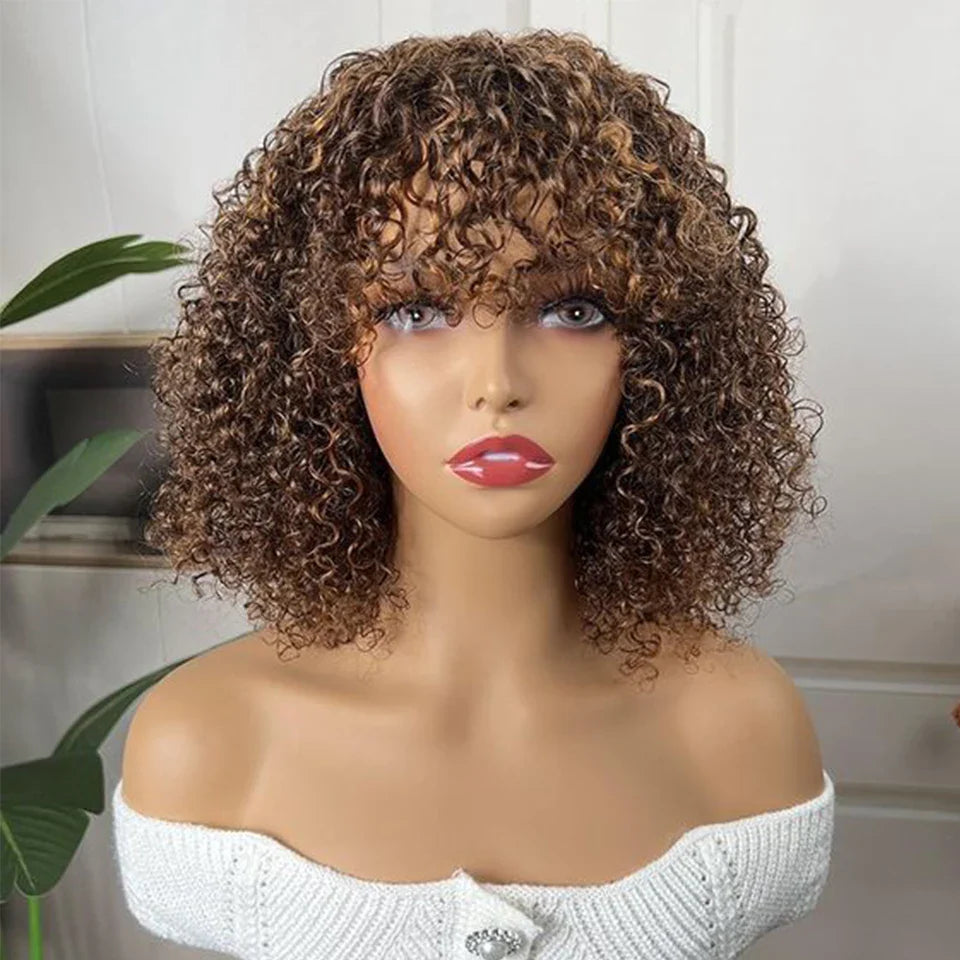 Highlight Honey Blonde Jerry Curly Pixie Bob Wig with Bangs | Full Machine Made Human Hair