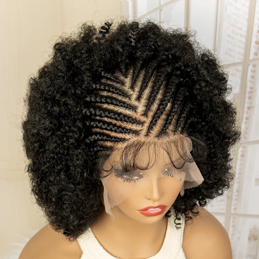 Premium Full Lace Afro Braided Wig - 8 Inch Short Kinky Curly Cornrow Braids Wig with Baby Hair - Natural Look
