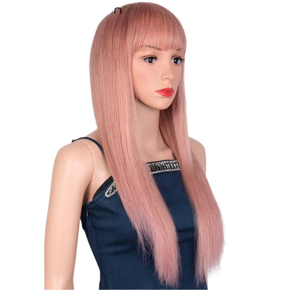 Dirty Pink Straight Human Hair Wig with Bangs | Full Machine Made Brazilian Remy for Women (Wear & Go)