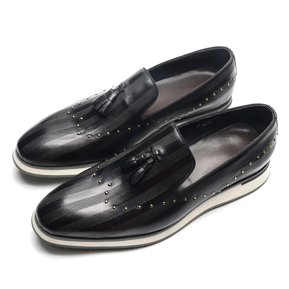 Top Grade Luxury Men's Genuine Leather Loafers | Original Stripe Rivets & Tassel Casual Flat Shoes