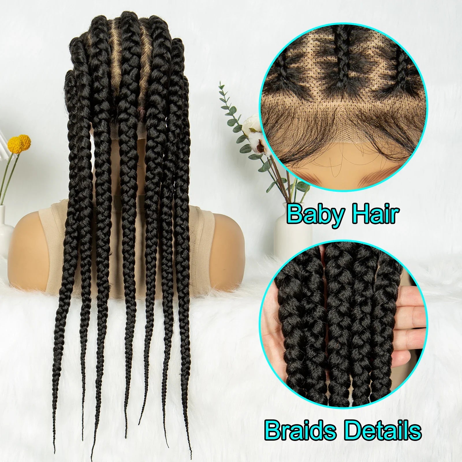 Knotless Box Braids Full Lace Wig | Cornrow Accents | Baby Hair | Synthetic Braided Wig