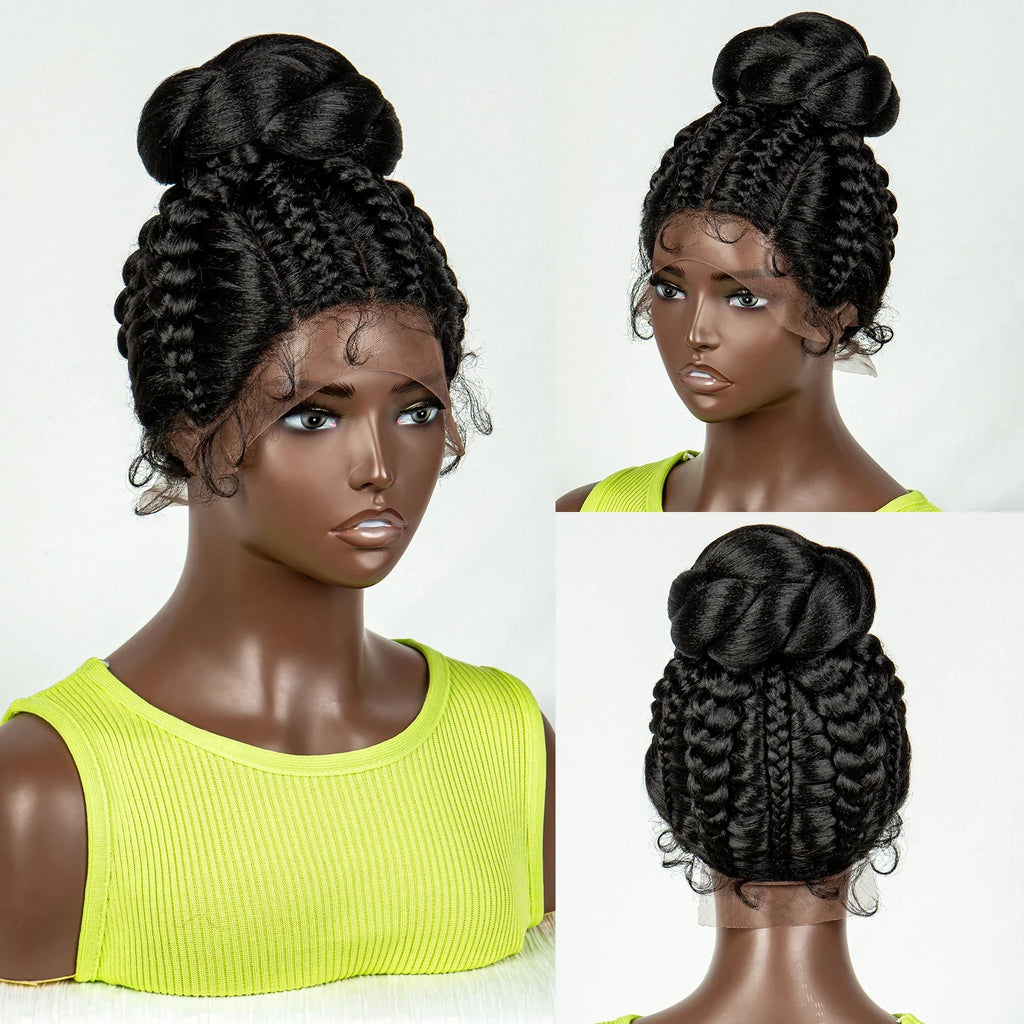 Bun Updo Knotless Box Braids Wig | Cornrow Ponytail | Lace Front | Baby Hair