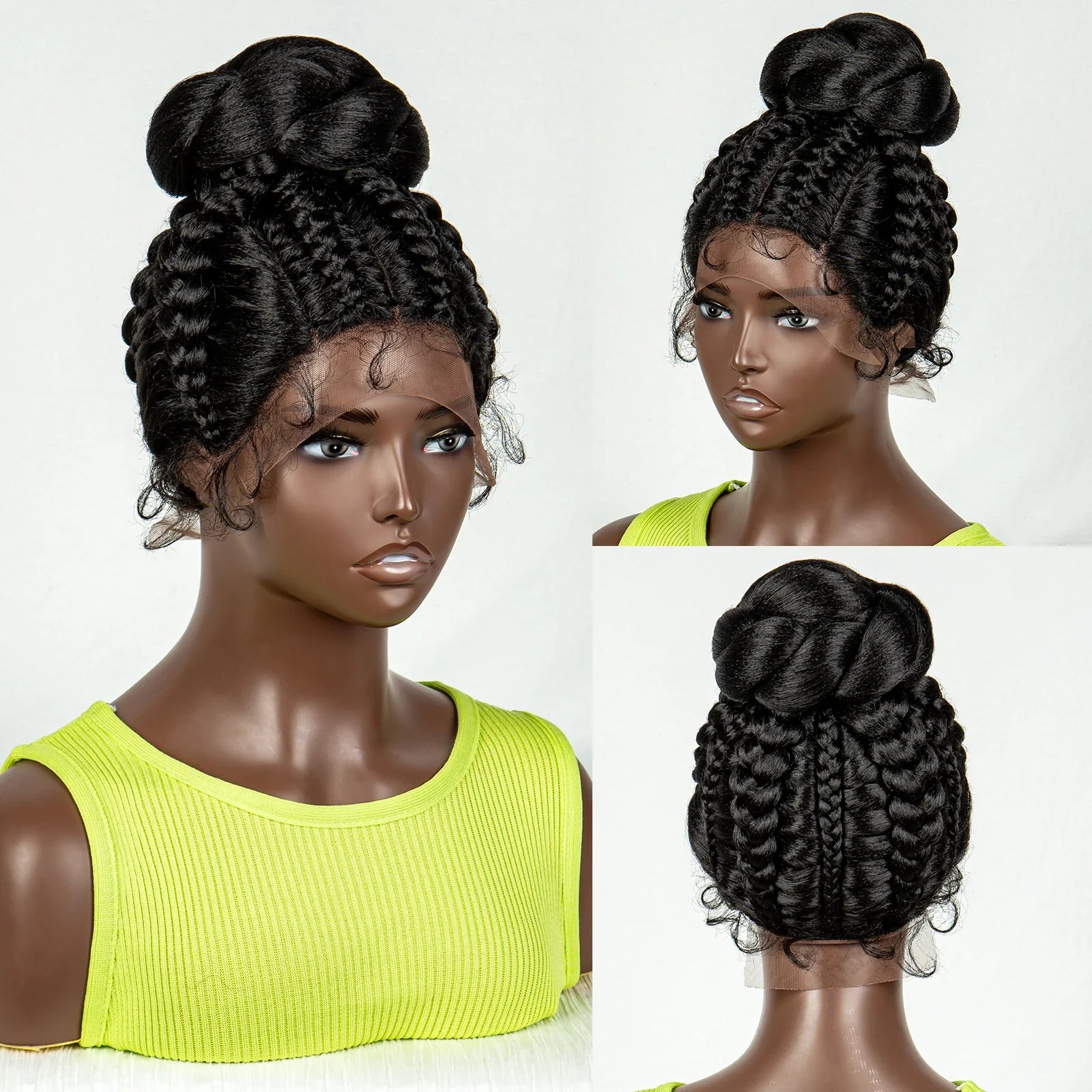 Bun Updo Knotless Box Braids Wig | Cornrow Ponytail | Lace Front | Baby Hair