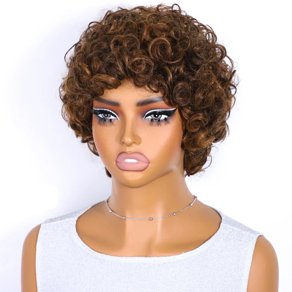 Sleek 100% Real Ready To Wear Short Water Wave Pixie Cut Wigs Brown Colored Curly Brazilian Curly Human Hair Wigs For Women