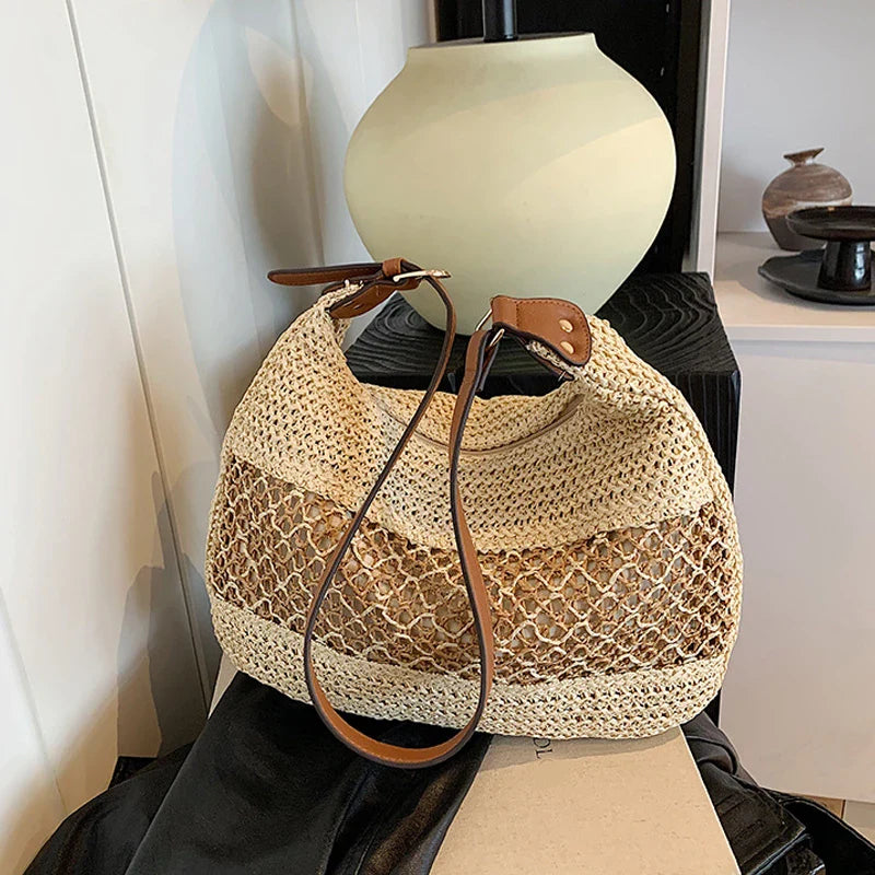 Large Capacity Summer Straw Weaving Shoulder Bag | Women's Handmade Crochet Beach Handbag & Woven Hollow Out Underarm Knitting Bag