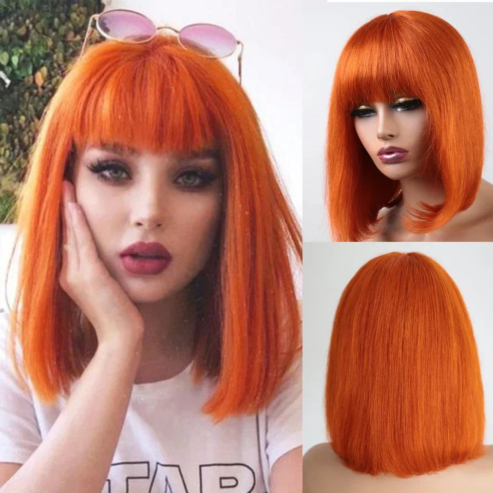 Rebecca Orange Blonde & 99J Red Straight Bob Wig with Bangs | Human Hair Machine Made