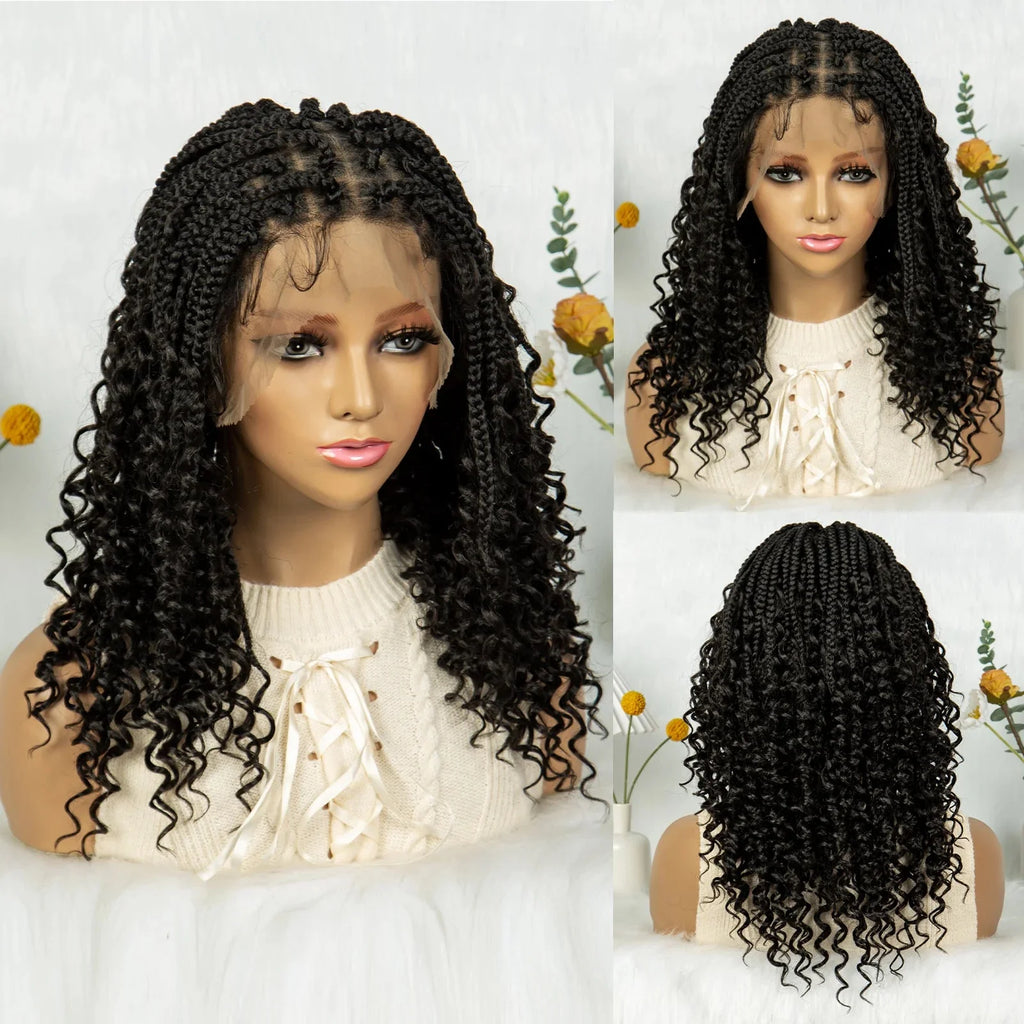 Short Bohemian Box Braids Wig | Full Lace | Curly Ends | Baby Hair | Synthetic Boho Wig