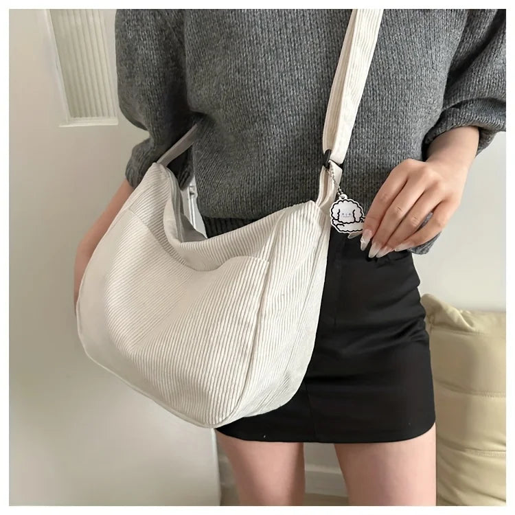 Women's Corduroy Shoulder Bag | Casual Striped Large Capacity Tote with Zipper (Cute Hat Patch, Everyday Use)