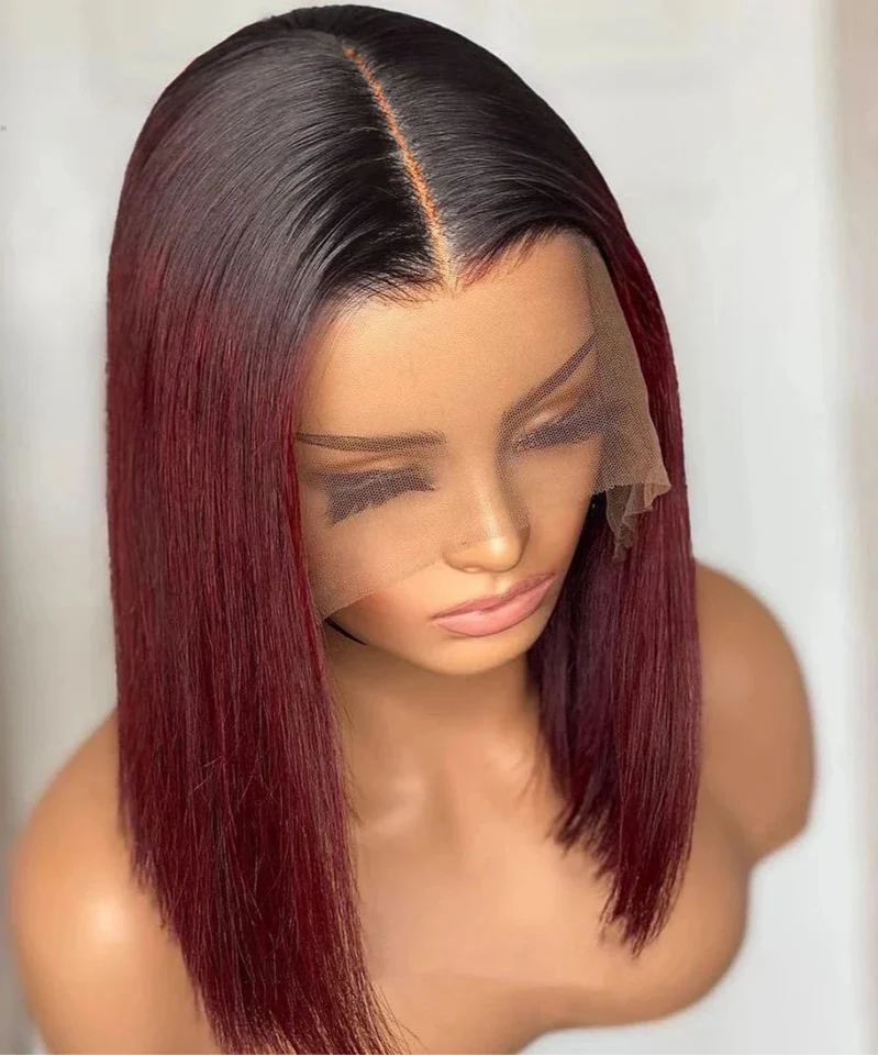 Wine Red Ombre 1B-99J Straight Bob Wig | 13x4 Transparent Lace Front Brazilian Human Hair