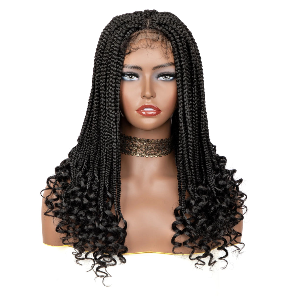 18" Curly End Box Braided Lace Front Wig | 4x4 Lace | Baby Hair | Synthetic Afro Wig
