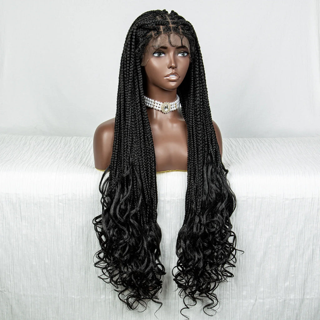 36" Water Wave Braided Wig | Lace Front | Baby Hair | Long Braids