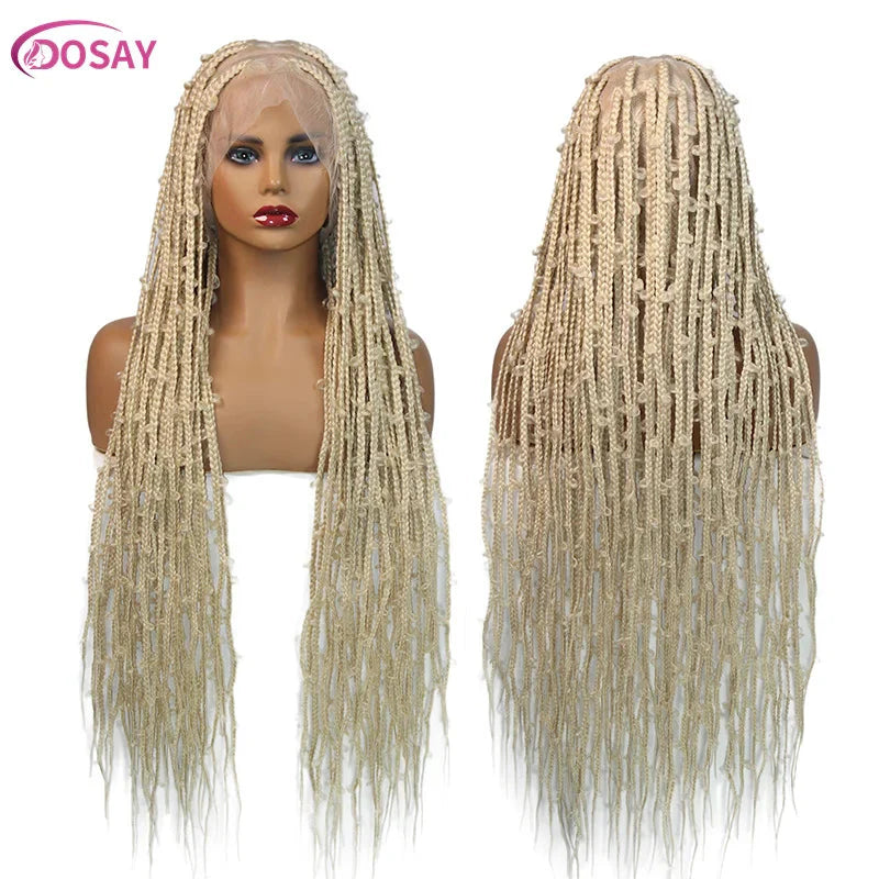 36" Butterfly Braided Full Lace Wig | Honey Blonde & Burgundy Goddess Locs | Synthetic Box Braids | Transparent Lace