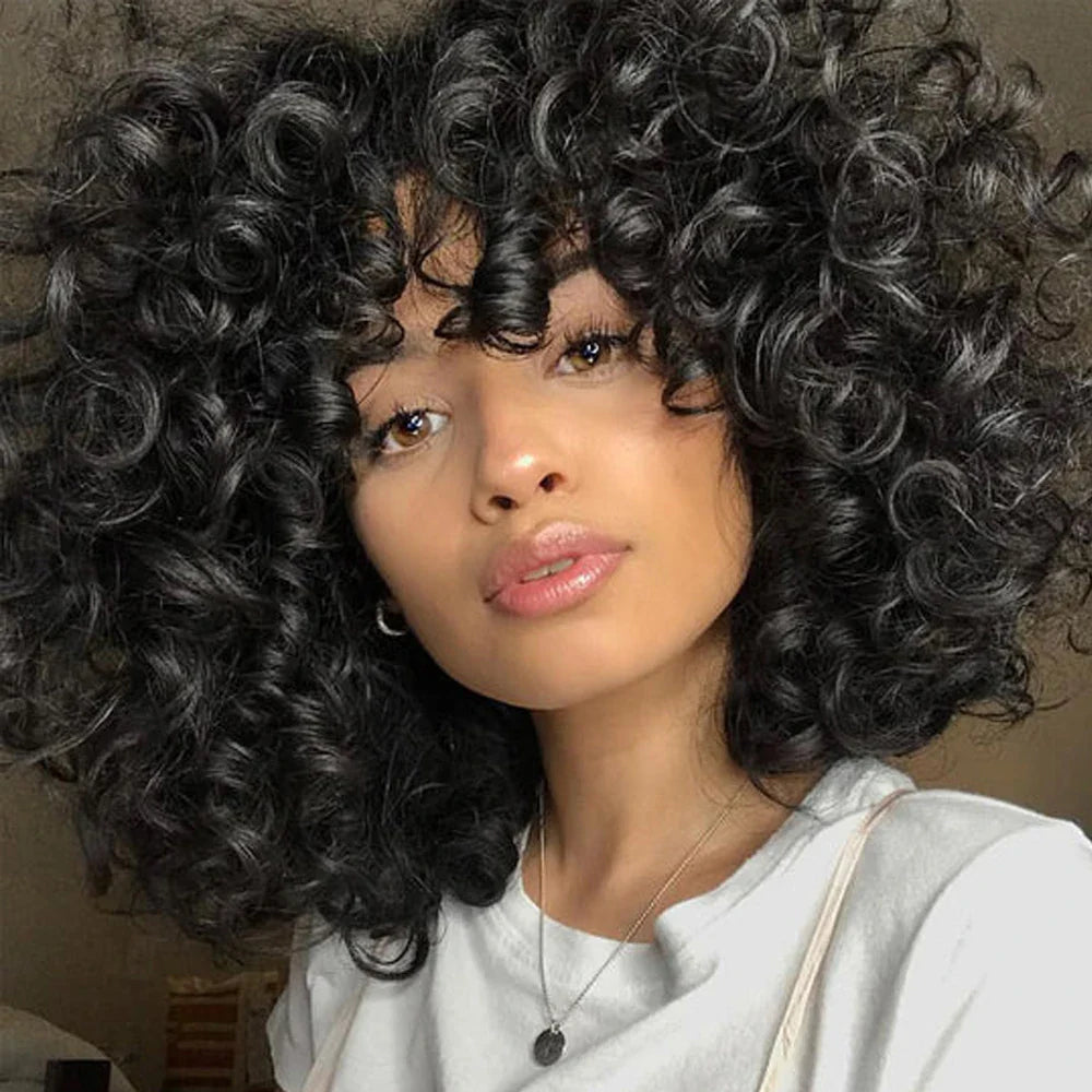 Short Curly Bob Wig Human Hair with Bangs - Glueless Funmi Curly Wig, Brazilian Remy Hair, Ready to Go