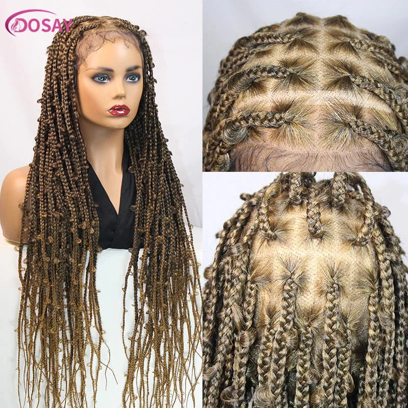 36" Butterfly Braided Full Lace Wig | Honey Blonde & Burgundy Goddess Locs | Synthetic Box Braids | Transparent Lace