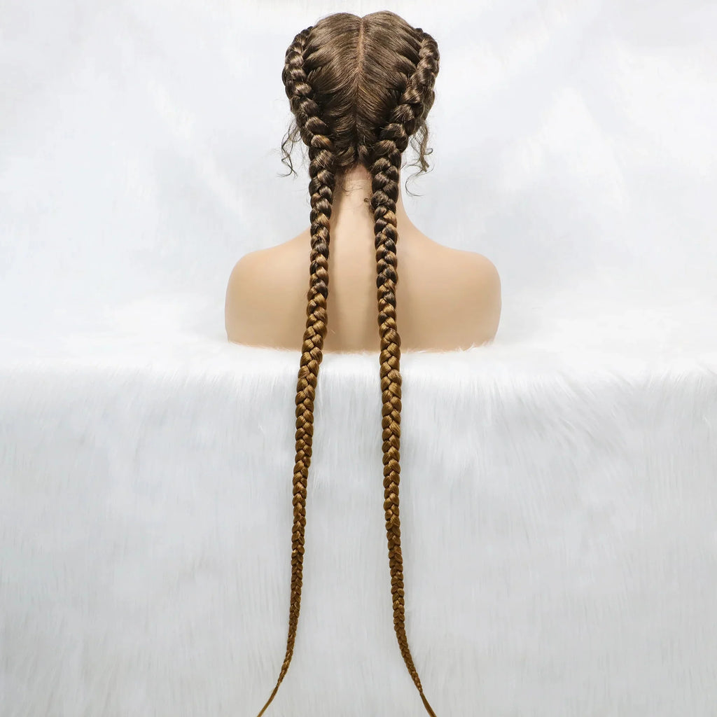 Handmade Double Dutch Cornrow Braided Wig | Natural Black Lace Front | Baby Hair | Kanekalon Synthetic Wig for Women
