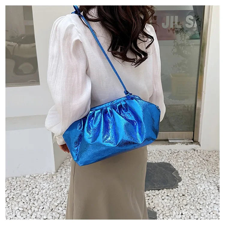 Small Luxury Design Women's Leather Silver Cloud Bag | Gold Crossbody & Ladies Party Clutch Purse (Sequined, Ruched Handbag)