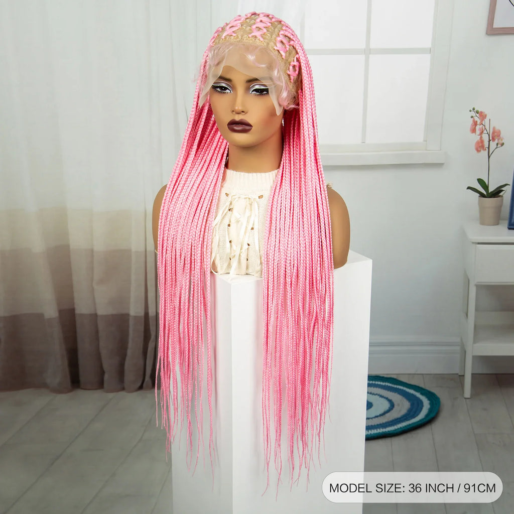 36" Pink Knotless Cornrow Braids Wig | Transparent Full Lace | Baby Hair