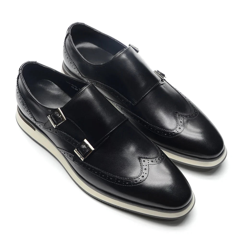 Luxury Men's Double Buckle Monk Strap Flats | Genuine Leather Casual Walk Shoes (Dark Brown, Black)