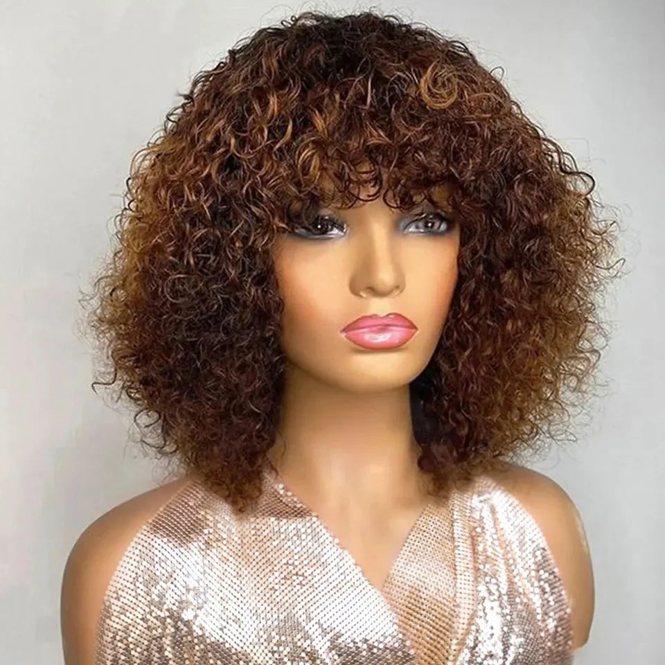 Highlight Honey Blonde Jerry Curly Pixie Bob Wig with Bangs | Full Machine Made Human Hair